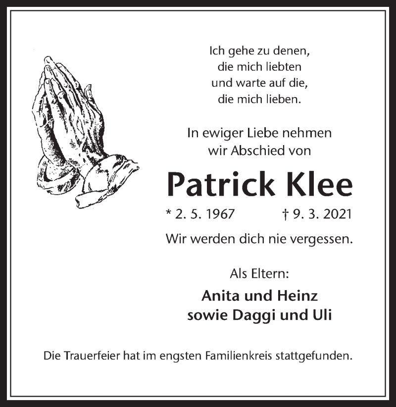  Traueranzeige für Patrick Klee vom 20.03.2021 aus Medienhaus Bauer