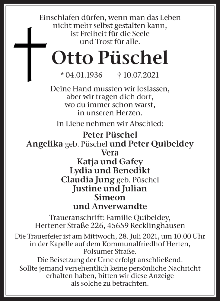  Traueranzeige für Otto Püschel vom 21.07.2021 aus Medienhaus Bauer