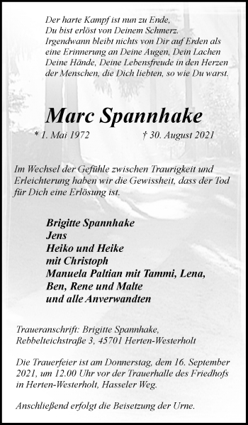 Traueranzeigen Von Marc Spannhake Sich Erinnern De