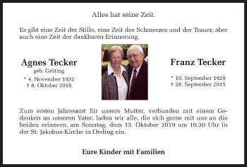 Traueranzeige von Agnes und Franz Tecker von Münstersche Zeitung und Münsterland Zeitung