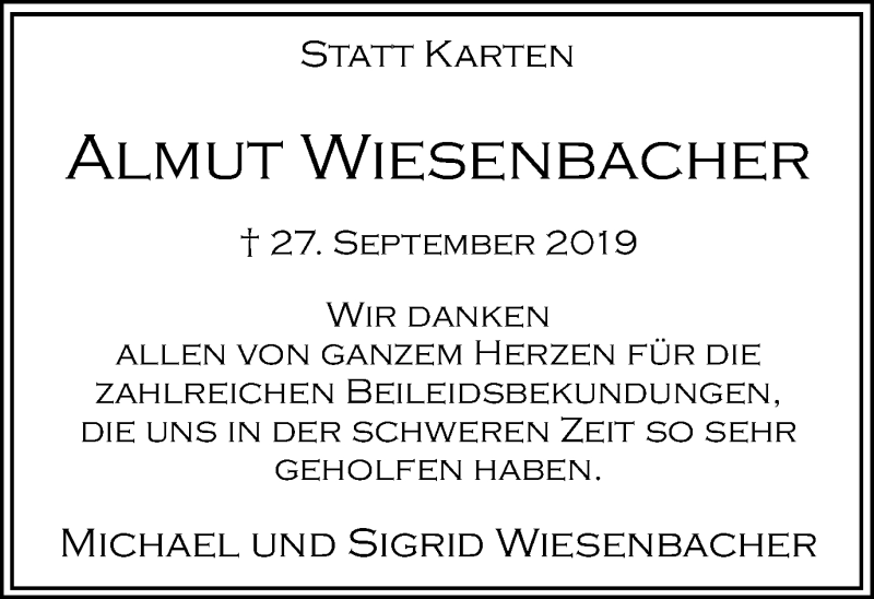  Traueranzeige für Almut Wiesenbacher vom 19.10.2019 aus Hellweger Anzeiger