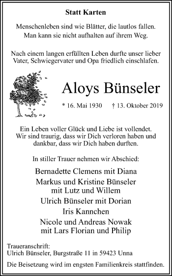 Traueranzeige von Aloys Bünseler von Hellweger Anzeiger