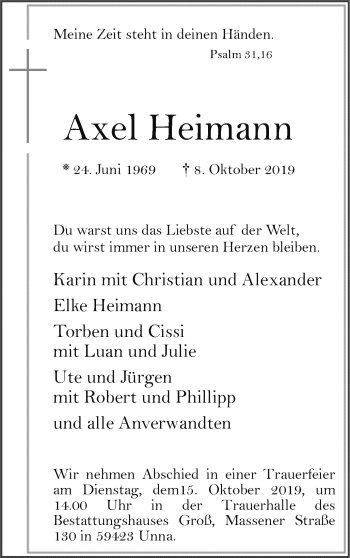 Traueranzeige von Axel Heimann von Hellweger Anzeiger