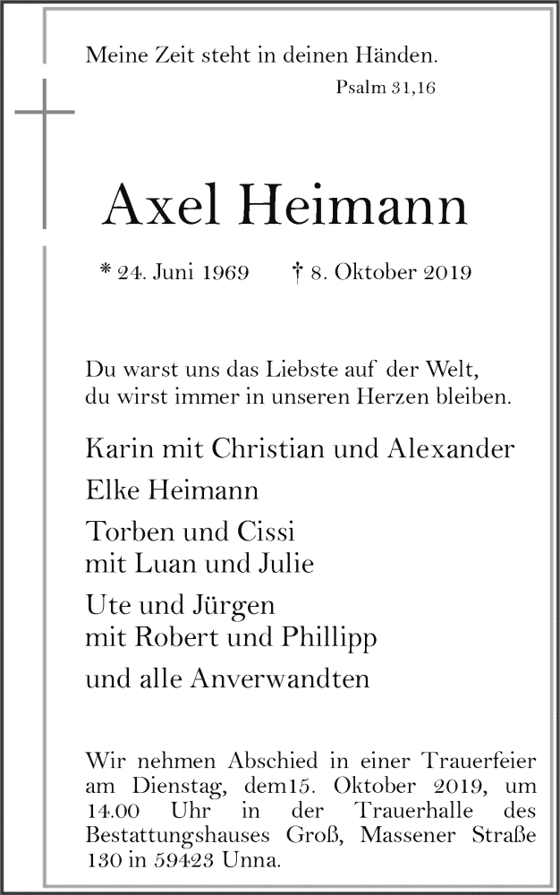  Traueranzeige für Axel Heimann vom 11.10.2019 aus Hellweger Anzeiger