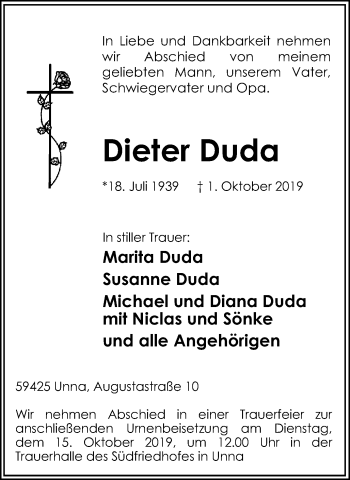 Traueranzeige von Dieter Duda von Hellweger Anzeiger
