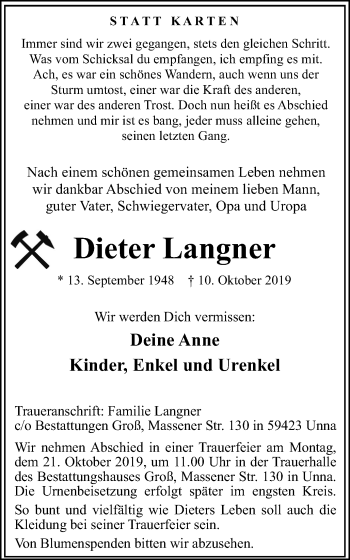 Traueranzeige von Dieter Langner von Hellweger Anzeiger