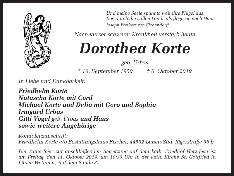  Traueranzeige für Dorothea Korte vom 09.10.2019 aus Ruhr Nachrichten