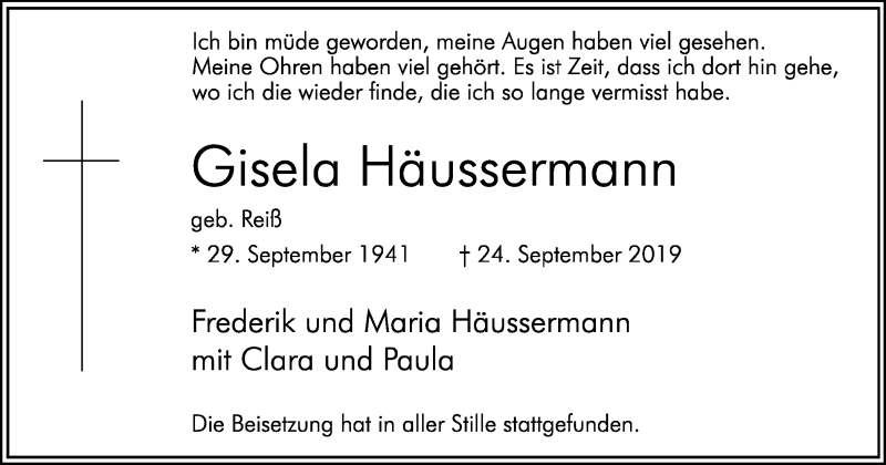  Traueranzeige für Gisela Häussermann vom 14.10.2019 aus Hellweger Anzeiger