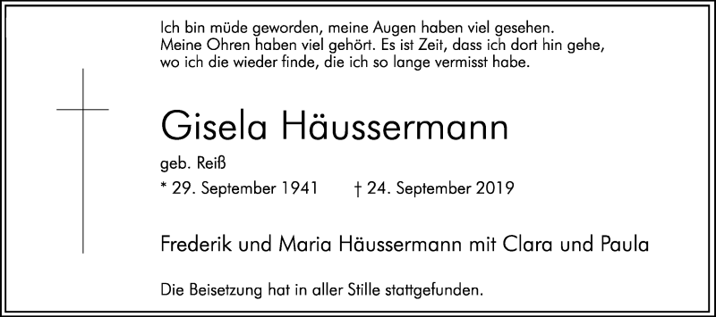  Traueranzeige für Gisela Häussermann vom 14.10.2019 aus Ruhr Nachrichten