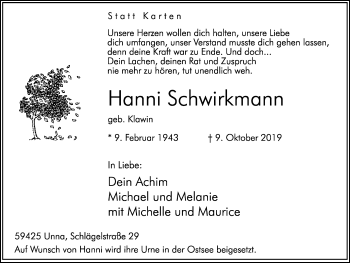 Traueranzeige von Hanni Schwirkmann von Hellweger Anzeiger