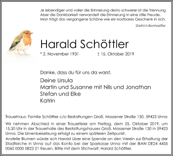 Traueranzeige von Harald Schöttler von Hellweger Anzeiger