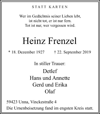 Traueranzeige von Heinz Frenzel von Hellweger Anzeiger