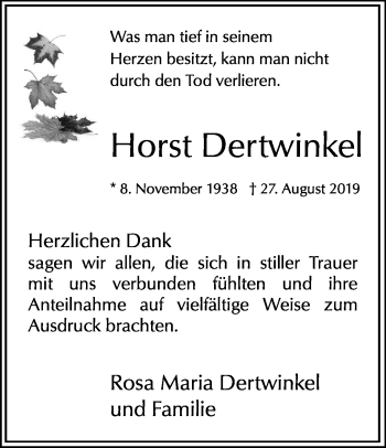 Traueranzeige von Horst Dertwinkel von Ruhr Nachrichten