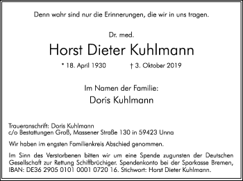 Traueranzeige von Horst Dieter Kuhlmann von Hellweger Anzeiger