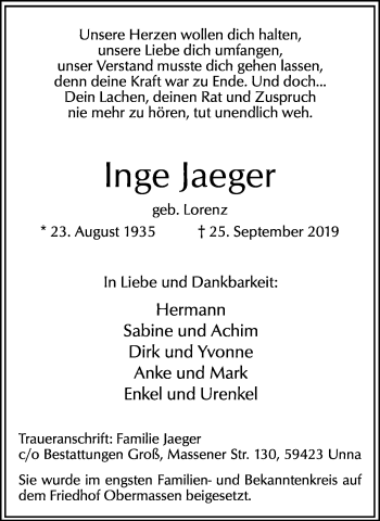 Traueranzeige von Inge Jaeger von Hellweger Anzeiger