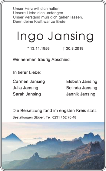 Traueranzeige von Ingo Jansing von Ruhr Nachrichten