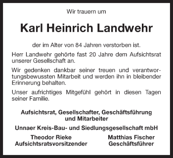 Traueranzeige von Karl Heinrich Landwehr von Hellweger Anzeiger
