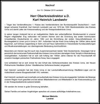 Traueranzeige von Karl Heinrich Landwehr von Ruhr Nachrichten