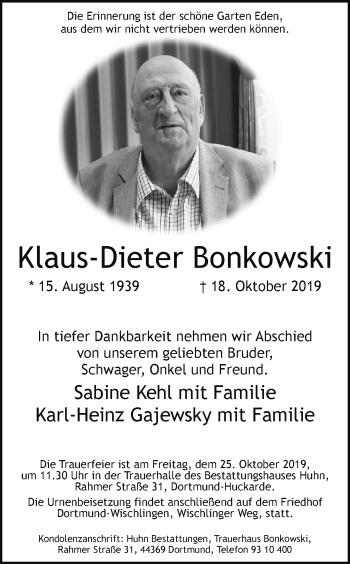 Traueranzeige von Klaus-Dieter Bonkowski von Ruhr Nachrichten