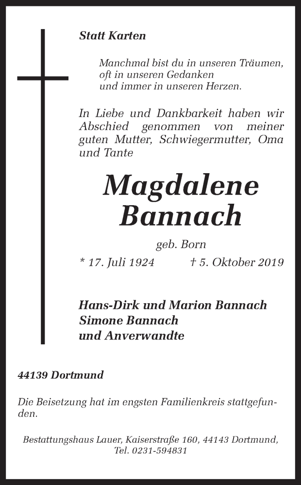  Traueranzeige für Magdalene Bannach vom 19.10.2019 aus Ruhr Nachrichten
