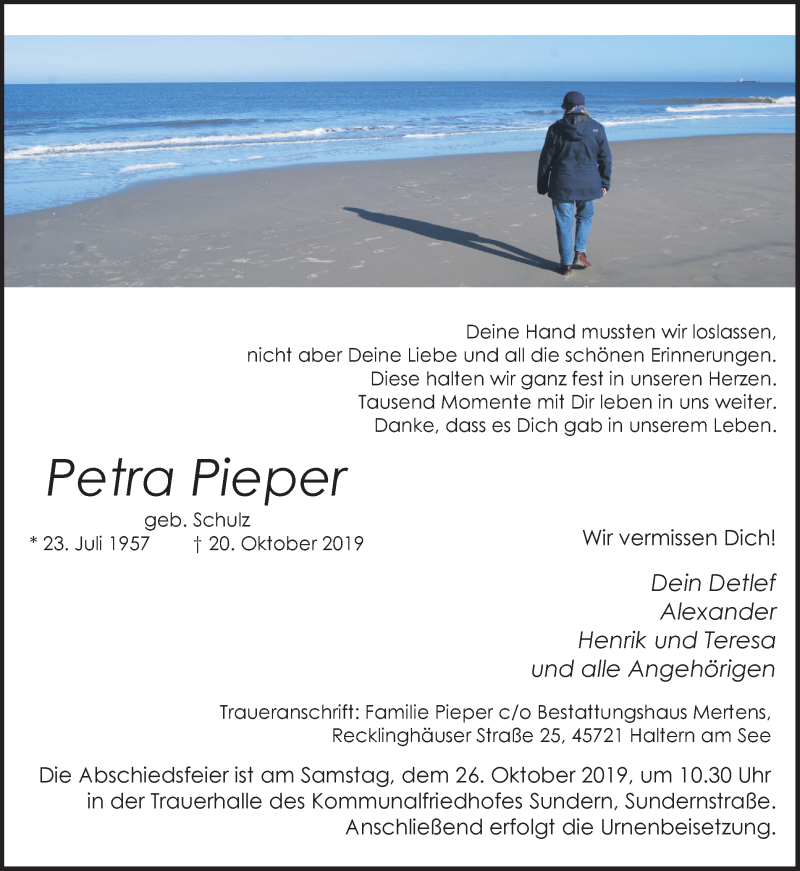  Traueranzeige für Petra Pieper vom 23.10.2019 aus Ruhr Nachrichten und Halterner Zeitung