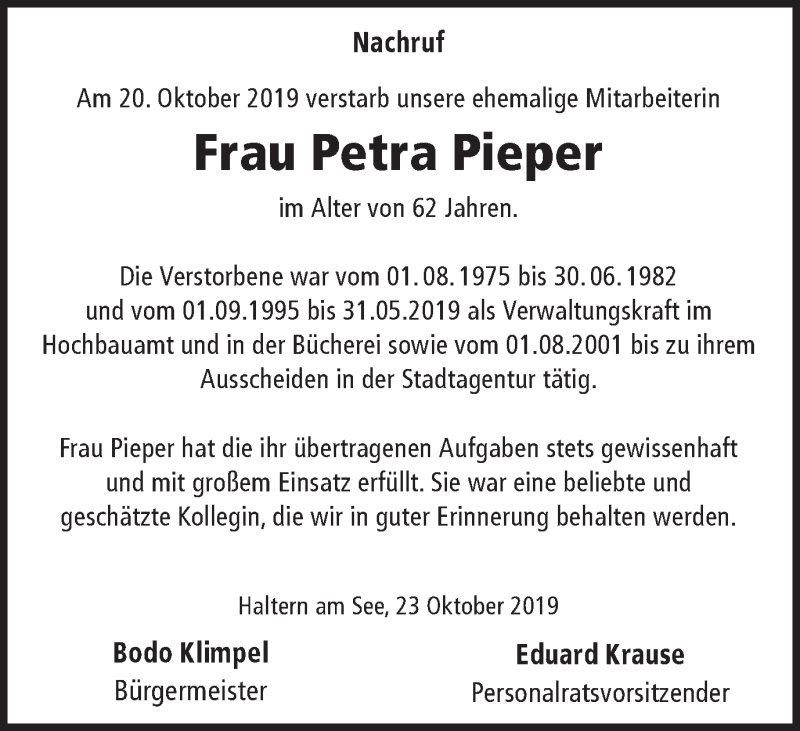  Traueranzeige für Petra Pieper vom 24.10.2019 aus Ruhr Nachrichten und Halterner Zeitung