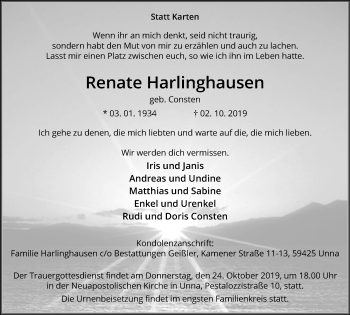 Traueranzeige von Renate Harlinghausen von Hellweger Anzeiger