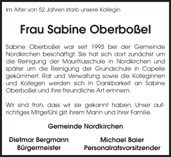 Traueranzeige von Sabine Oberboßel von Ruhr Nachrichten