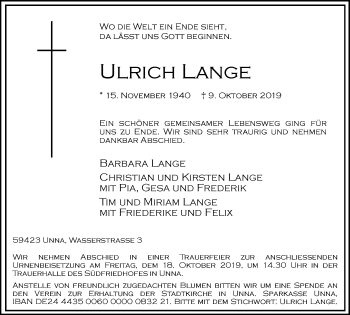 Traueranzeige von Ulrich Lange von Hellweger Anzeiger