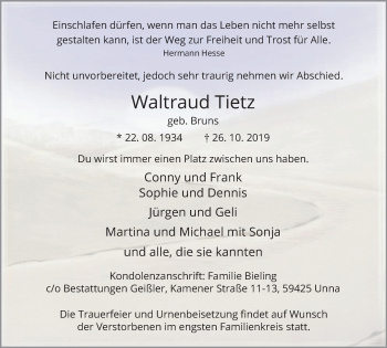 Traueranzeige von Waltraud Tietz von Hellweger Anzeiger