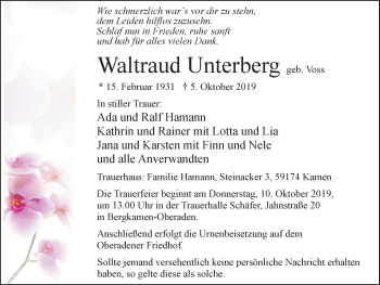 Traueranzeige von Waltraud Unterberg von Hellweger Anzeiger