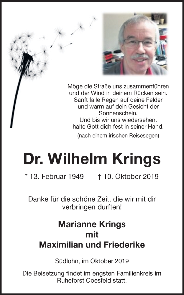 Traueranzeige für Wilhelm Krings vom 19.10.2019 aus Münstersche Zeitung und Münsterland Zeitung