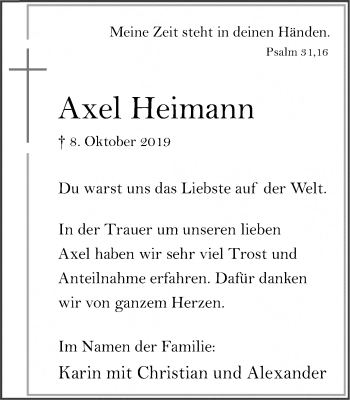Traueranzeige von Axel Heimann von Hellweger Anzeiger