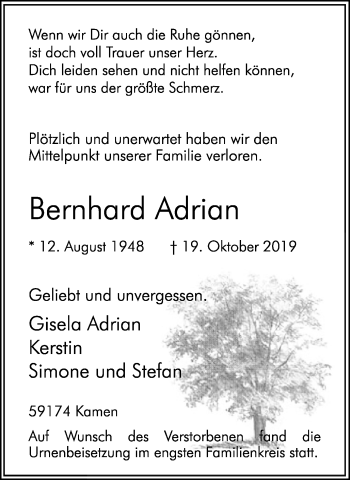 Traueranzeige von Bernhard Adrian von Hellweger Anzeiger