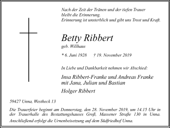 Traueranzeige von Betty Ribbert von Hellweger Anzeiger