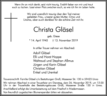Traueranzeige von Christa Gläsel von Hellweger Anzeiger