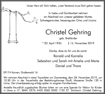 Traueranzeige von Christel Gehring von Hellweger Anzeiger