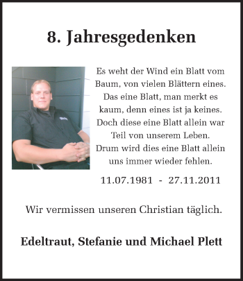 Traueranzeige von Christian Plett von Ruhr Nachrichten