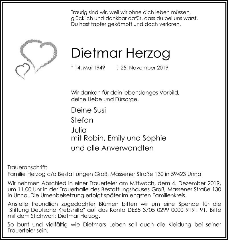  Traueranzeige für Dietmar Herzog vom 28.11.2019 aus Hellweger Anzeiger