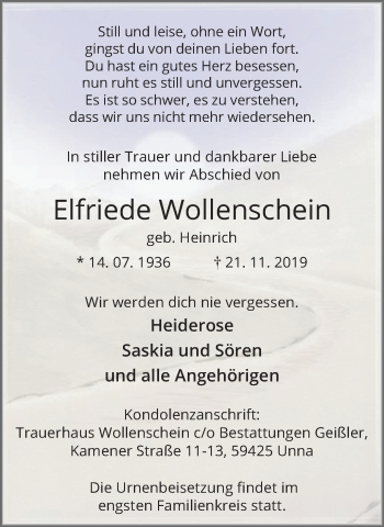 Traueranzeige von Elfriede Wollenschein von Hellweger Anzeiger