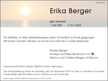 Traueranzeige von Erika Berger von Ruhr Nachrichten