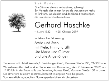 Traueranzeige von Gerhard Haschke von Hellweger Anzeiger