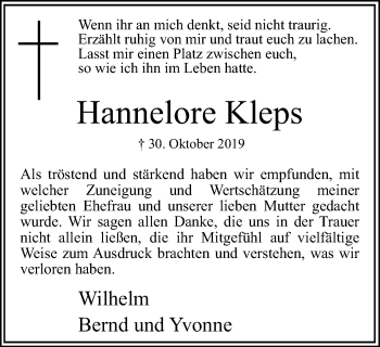 Traueranzeige von Hannelore Kleps von Hellweger Anzeiger