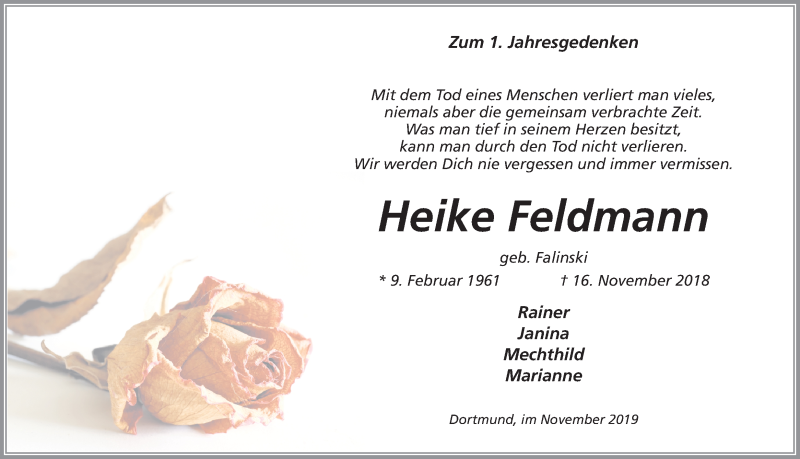  Traueranzeige für Heike Feldmann vom 16.11.2019 aus Ruhr Nachrichten