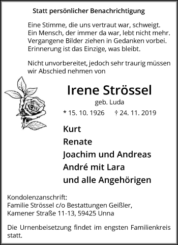 Traueranzeige von Irene Strössel von Hellweger Anzeiger