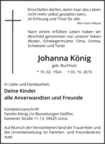 Traueranzeige von Johanna König von Hellweger Anzeiger