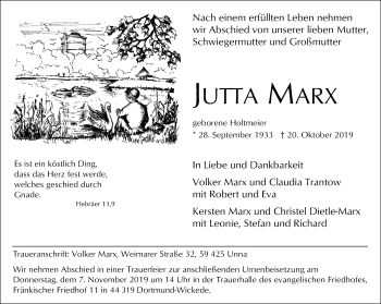 Traueranzeige von Jutta Marx von Ruhr Nachrichten