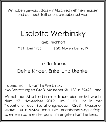 Traueranzeige von Liselotte Werbinsky von Hellweger Anzeiger