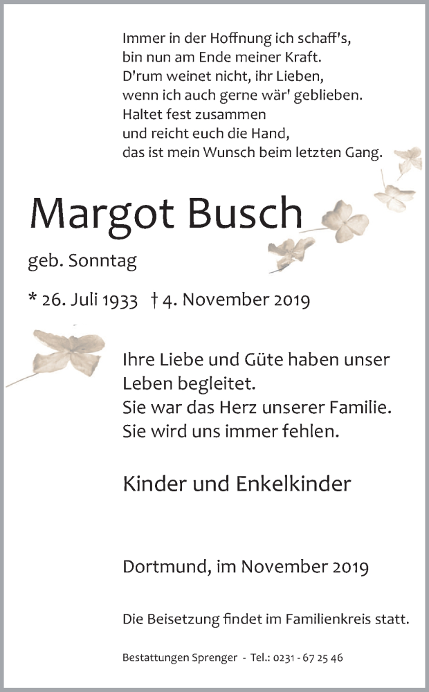  Traueranzeige für Margot Busch vom 09.11.2019 aus Ruhr Nachrichten