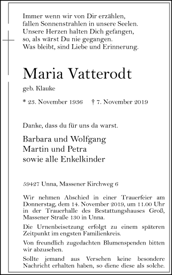 Traueranzeige von Maria Vatterodt von Hellweger Anzeiger